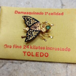 Vintage Toledo Damascene Bee Butterfly Moth Brooch 24k gold plate black Enamel